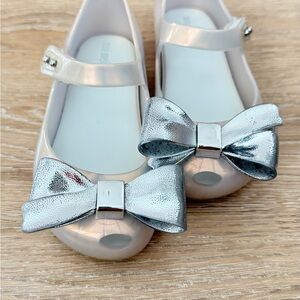 Mini Melissa Shimmering Silver Dress Shoes with Bow